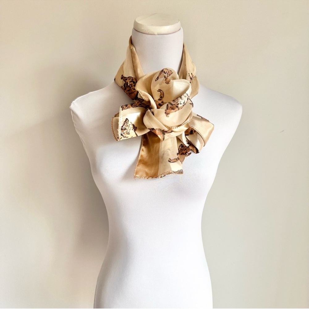 Metallic Gold Cream Chiffon Satin Silky Cat Print Scarf